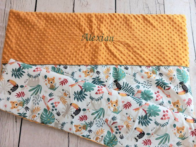 Couverture personnalisée bébé junble blanche / minky jaune