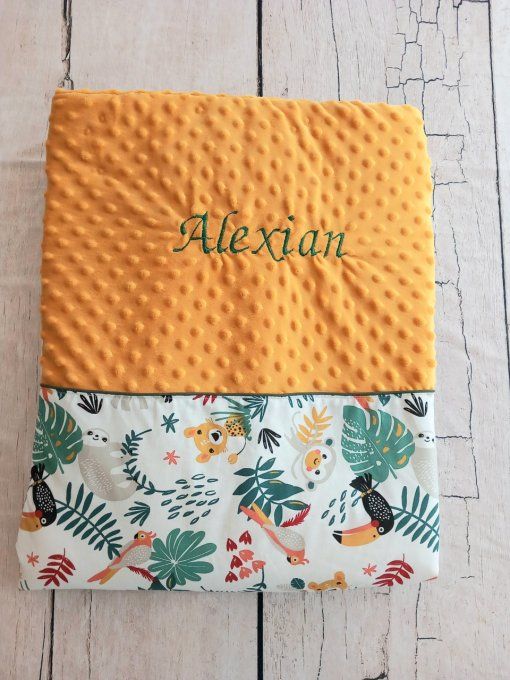 Couverture personnalisée bébé junble blanche / minky jaune