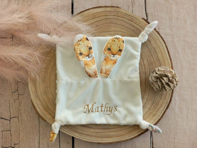 Doudou lapin lion fleur / minky vert