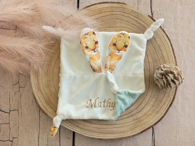 Doudou lapin lion fleur / minky vert
