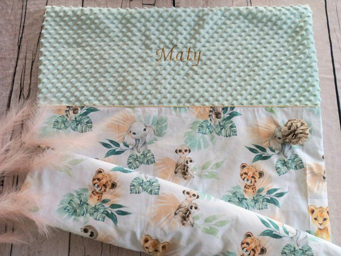 Couverture personnalisée bébé animaux verts / prénom doré
