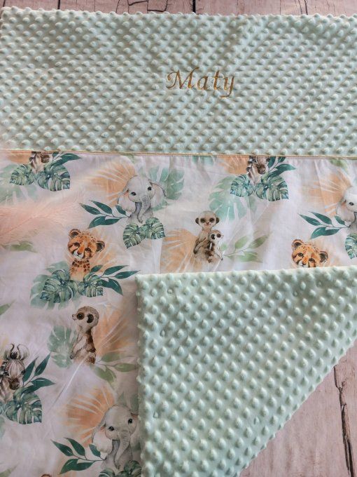 Couverture personnalisée bébé animaux verts / prénom doré