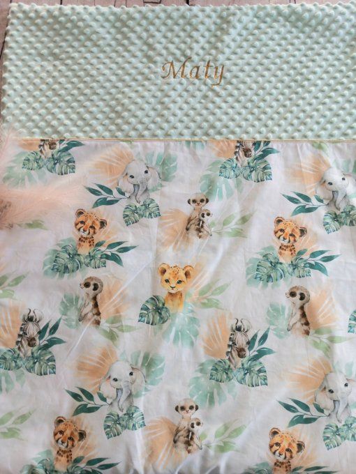 Couverture personnalisée bébé animaux verts / prénom doré