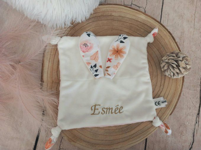 Doudou lapin fleurs sauvages / minky rose