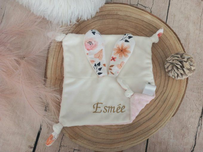 Doudou lapin fleurs sauvages / minky rose