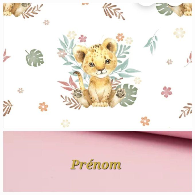 Sac à langer lion fleurs / tissu uni rose clair