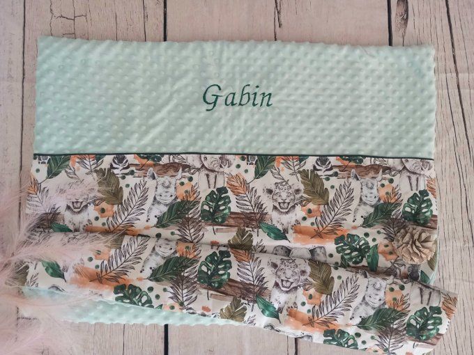 Couverture personnalisée bébé savane verte / minky vert d'eau