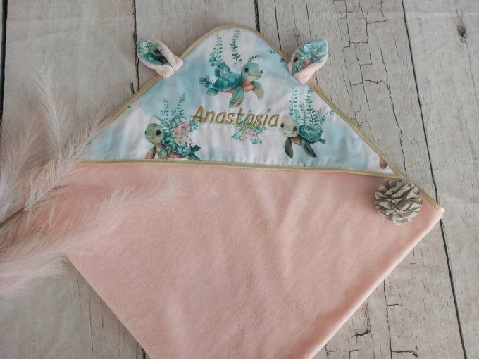 Cape de bain tortue / micro-éponge bambou rose