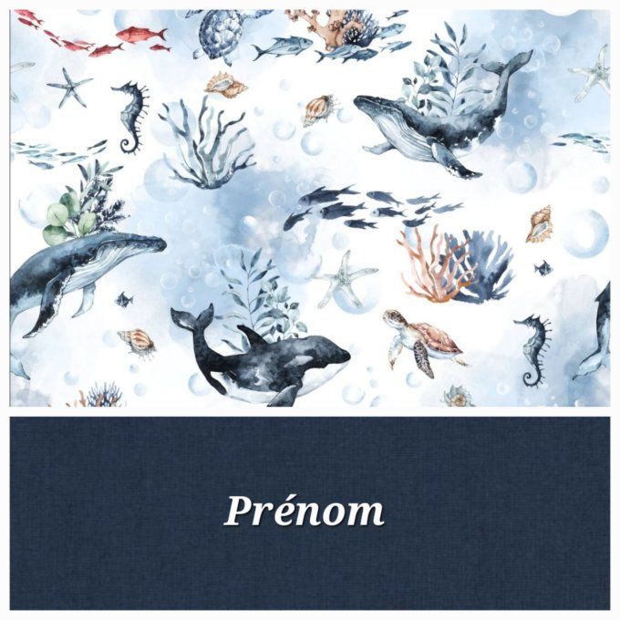 Sac à langer baleines / tissu uni bleu marine