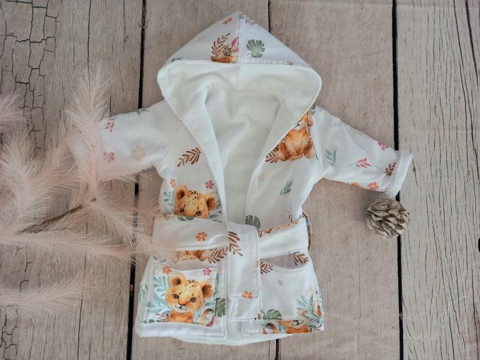 Peignoir lion fleur / micro-éponge bambou blanche