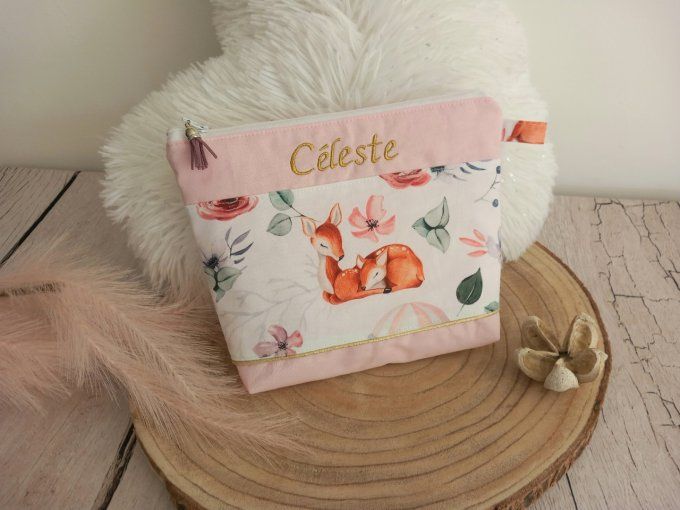 Trousse de toilette chevreuils / uni rose clair