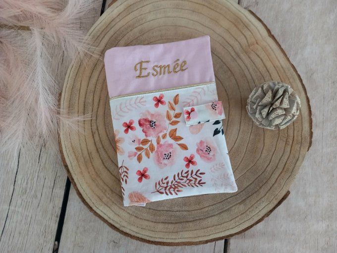 Protège carnet de santé fleurs sauvages / uni rose