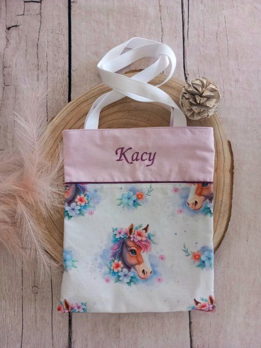 Tote bag enfant cheval / uni rose clair