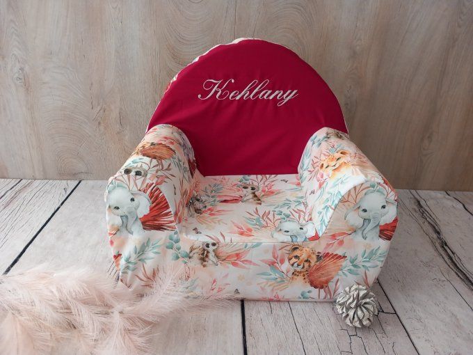 Fauteuil club animaux marrons / uni rouge foncé