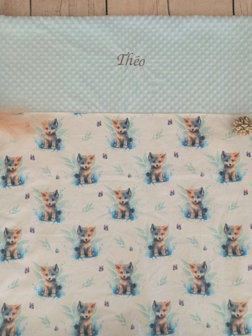 Couverture personnalisée bébé loup / minky bleu