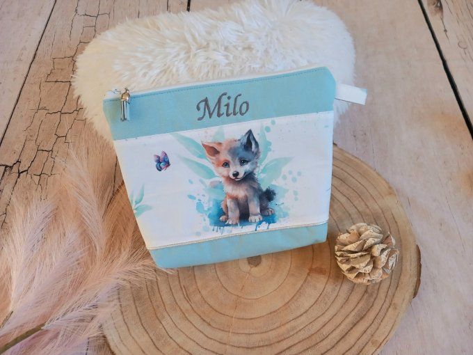 Trousse de toilette loup / uni bleu clair