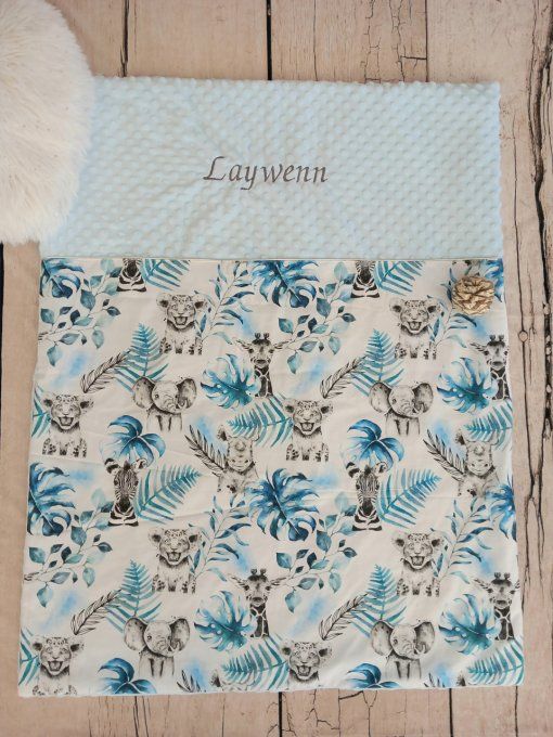 Couverture personnalisée savane bleue/minky bleu clair