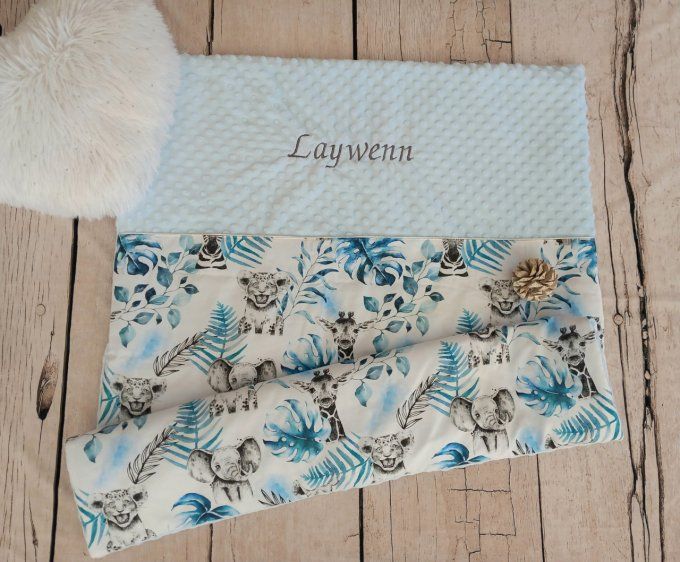 Couverture personnalisée savane bleue/minky bleu clair