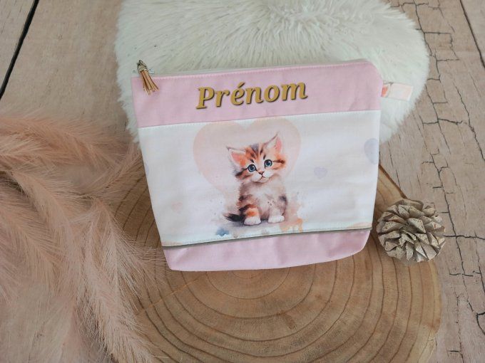 Trousse de toilette chat / uni rose clair