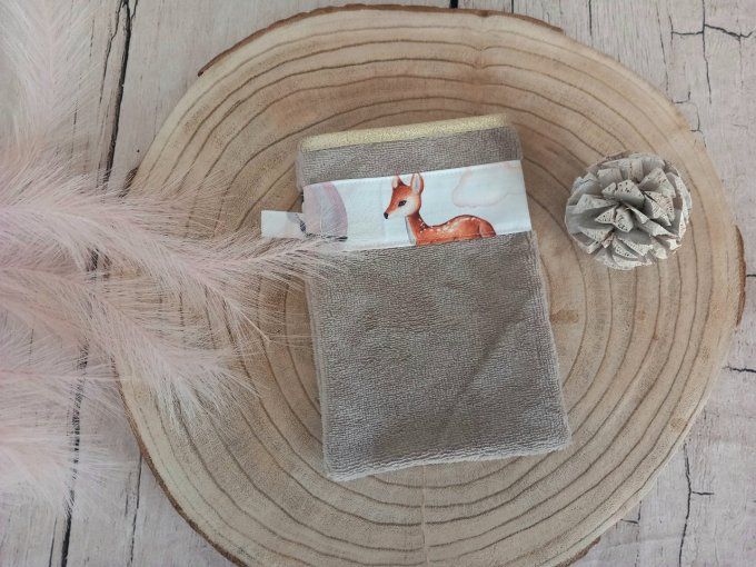 Gant de toilette chevreuils / micro-éponge bambou taupe