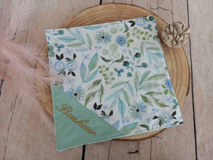 Serviette de table 30 x 30 cm fleurs bleues / uni vert clair