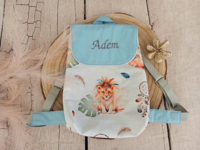 Sac à dos enfant lion boho / uni bleu clair