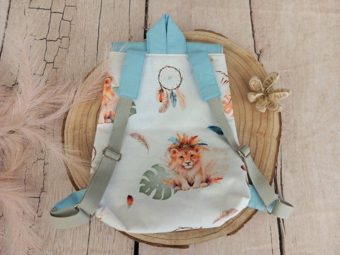 Sac à dos enfant lion boho / uni bleu clair