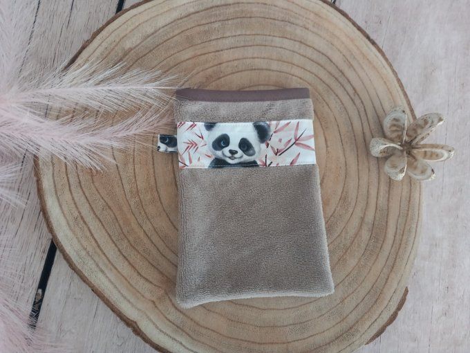 Gant de toilette panda / micro-éponge bambou taupe liseré marron