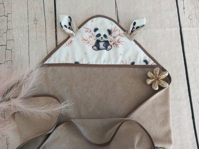 Cape de bain panda / micro-éponge bambou taupe liseré marron