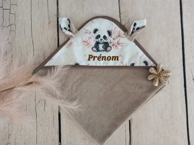 Cape de bain panda / micro-éponge bambou taupe liseré marron