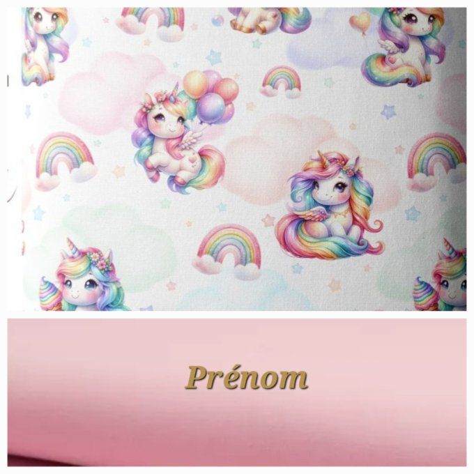 Sac à langer licorne / uni rose clair / prénom doré