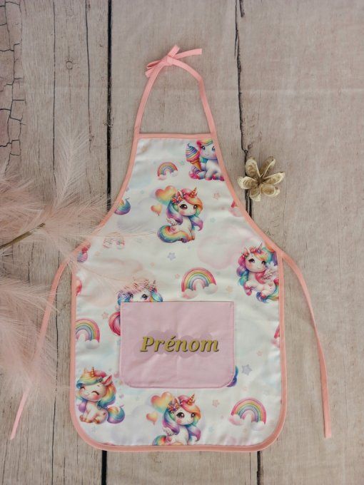 Tablier enfant licorne / uni rose / prénom doré