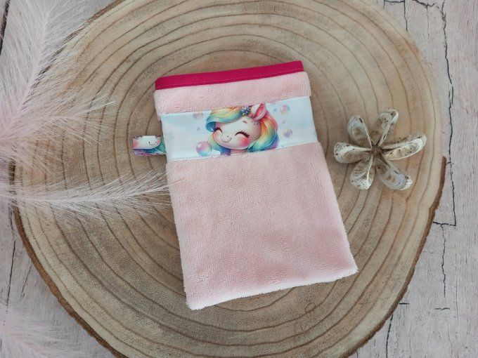 Gant de toilette licorne / micro-éponge bambou rose / liseré rose foncé