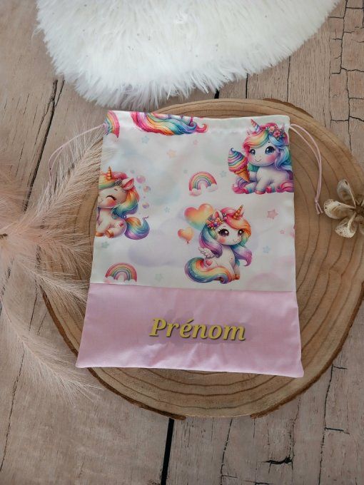 Pochon licorne / uni rose clair / prénom doré