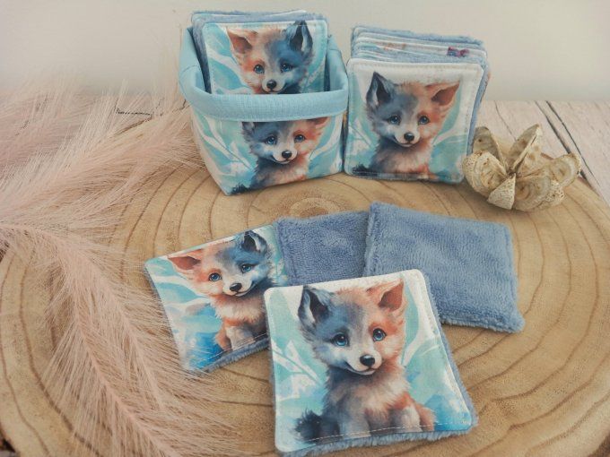 Lingettes 9x9 cm loup / micro-éponge bambou bleue