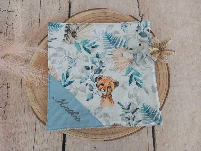 Serviette de table 30 x 30 cm animaux bleus / uni bleu clair