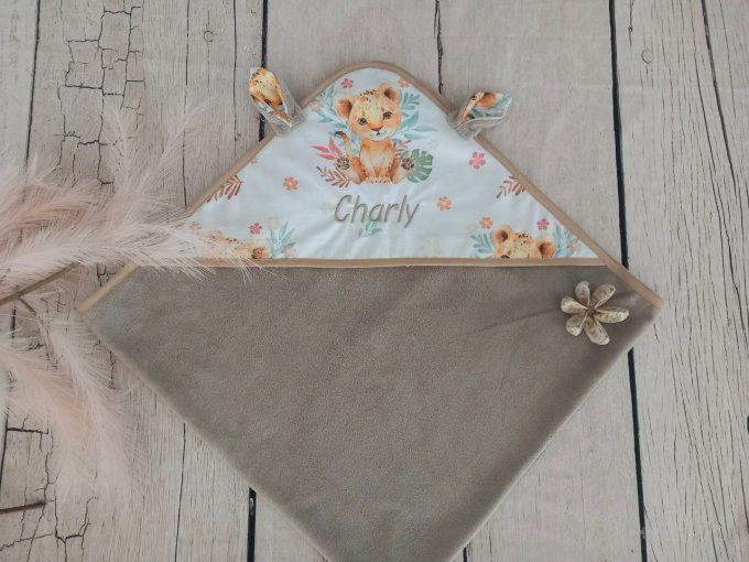 Cape de bain lion fleur/micro-éponge bambou taupe