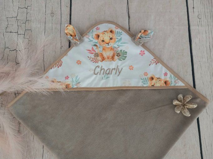 Cape de bain lion fleur/micro-éponge bambou taupe