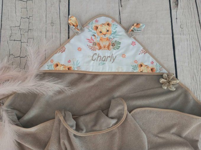 Cape de bain lion fleur/micro-éponge bambou taupe