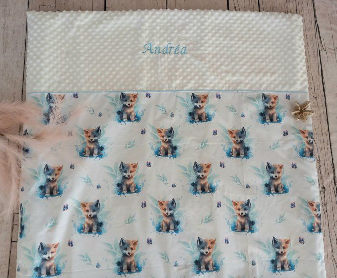 Couverture personnalisée bébé loup / minky blanc