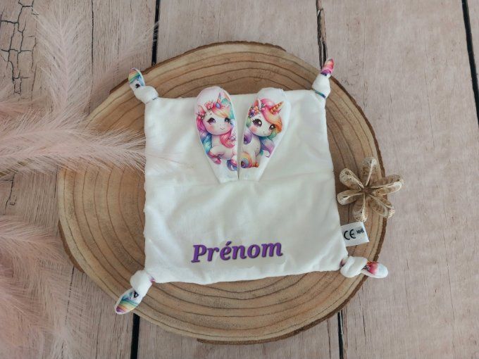 Doudou lapin licorne / minky rose / prénom violet