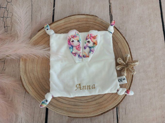 Doudou lapin licorne / minky rose / prénom doré