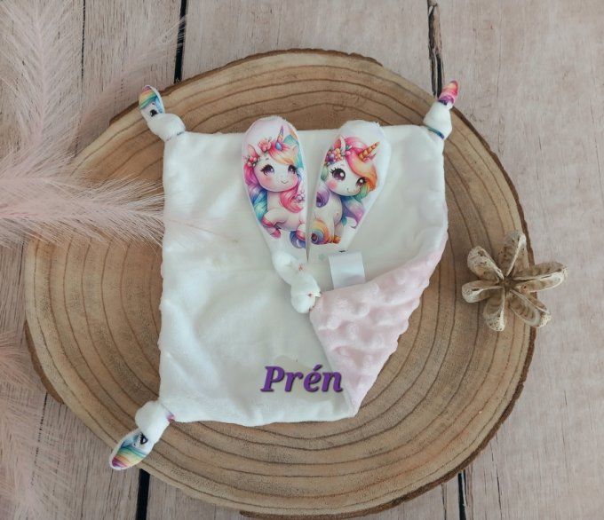 Doudou lapin licorne / minky rose / prénom violet
