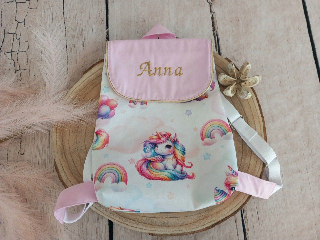 Sac a dos enfant licorne rabat uni rose clair prenom dore Lefildaurelie