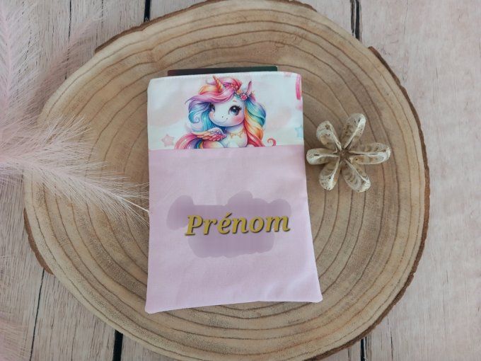 Pochette à livres licorne / uni rose clair / prénom doré