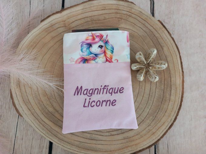 Pochette à livres licorne / uni rose clair / prénom violet