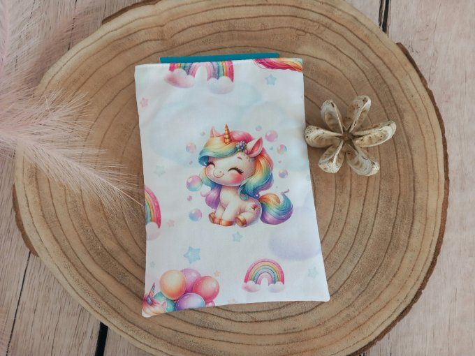 Pochette à livres licorne / uni rose clair / prénom violet