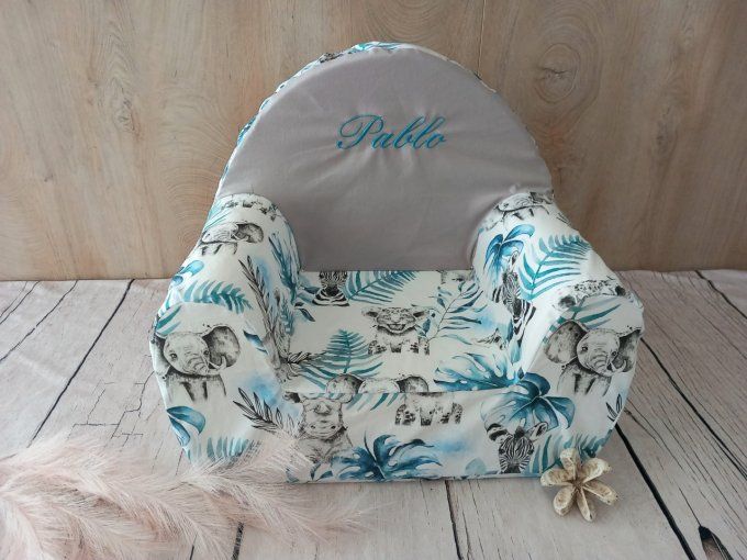Fauteuil club enfant savane bleue / uni gris clair
