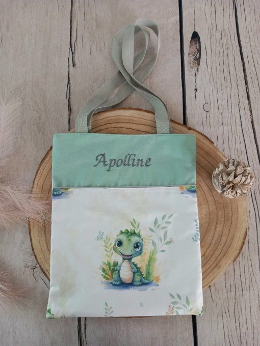 Tote bag enfant crocodile / tissu uni vert clair