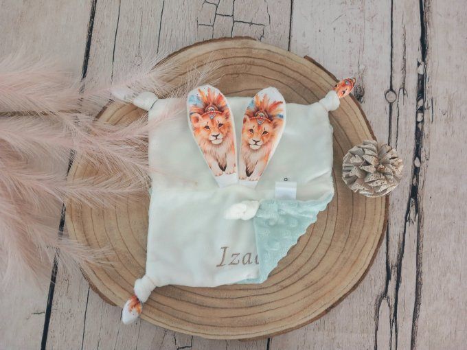 Doudou lapin lion boho / minky vert